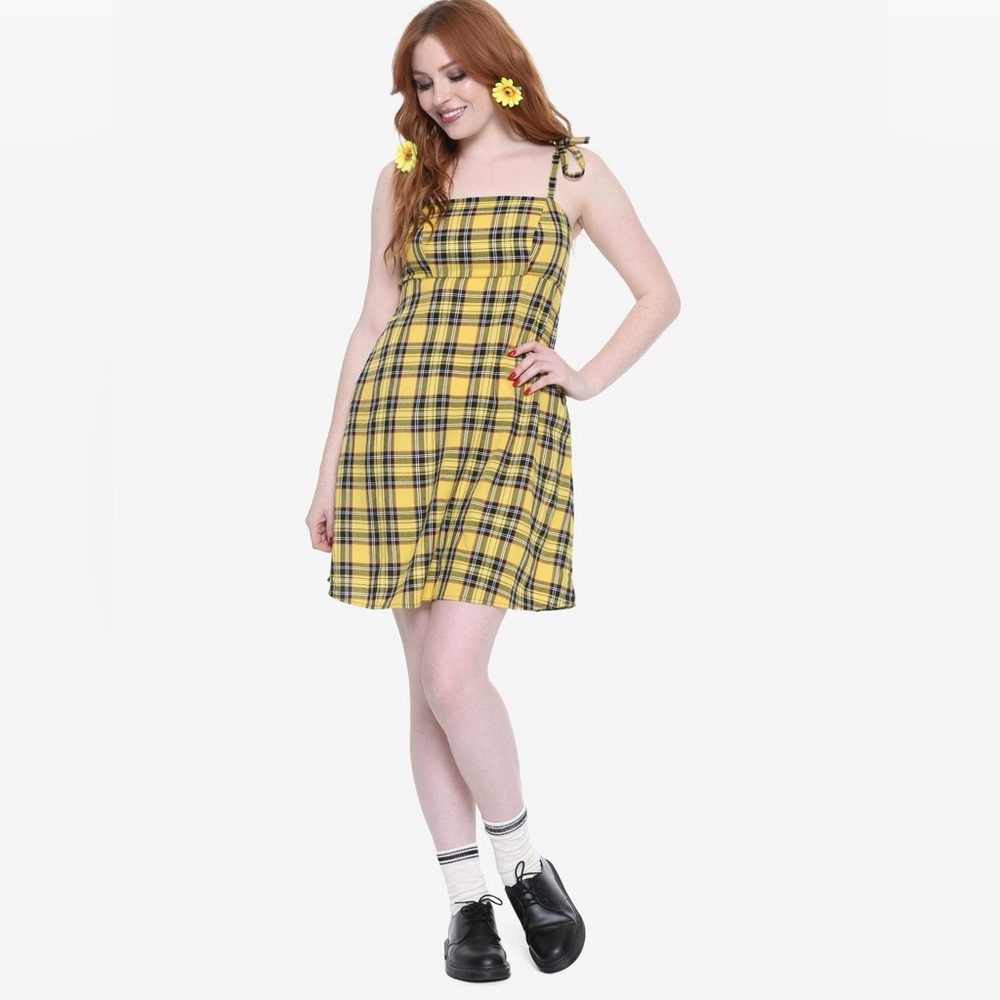 Y2K Hot Topic Yellow Plaid Cami Dress Tied Spaghetti Straps Women’s Size Small